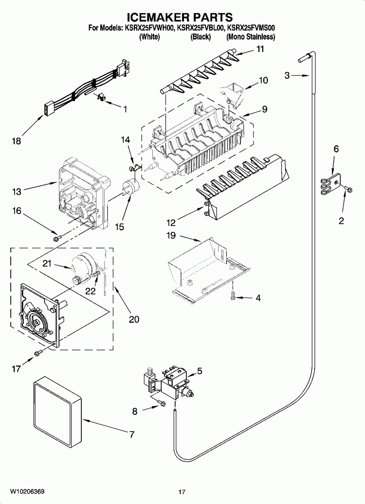 ICEMAKER PARTS Diagram and Parts List for KSRX25FVMS00  KitchenAid Refrigerator