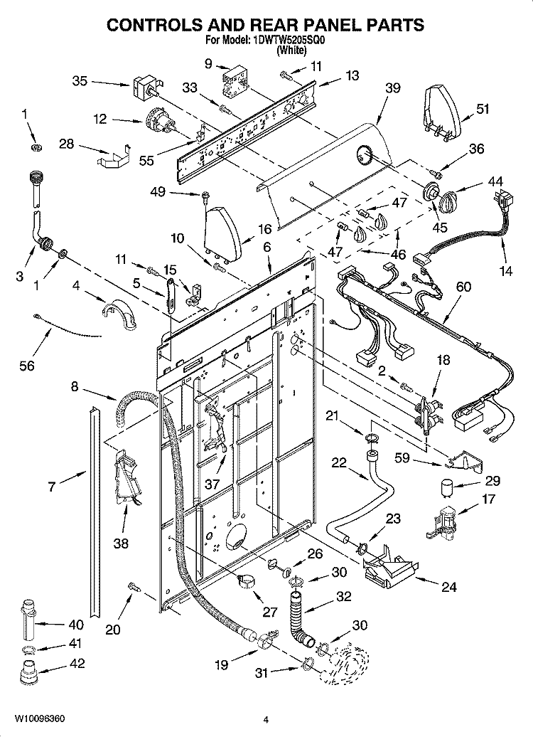 CONTROLS AND REAR PANEL PARTS Diagram and Parts List for 1DWTW5205SQ0  Whirlpool Washer