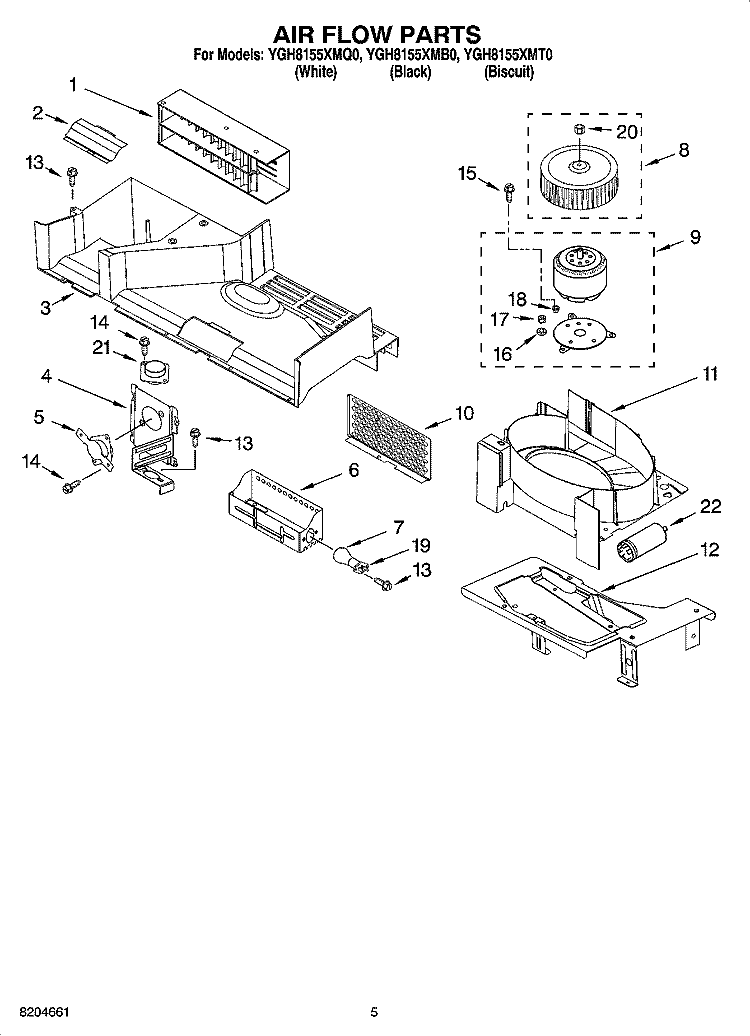 AIR FLOW PARTS Diagram and Parts List for YGH8155XMB0  Whirlpool Microwave