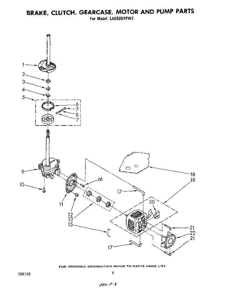 BRAKE, CLUTCH, GEARCASE, MOTOR AND PUMP Diagram and Parts List for LA6500XPW2  Whirlpool Washer