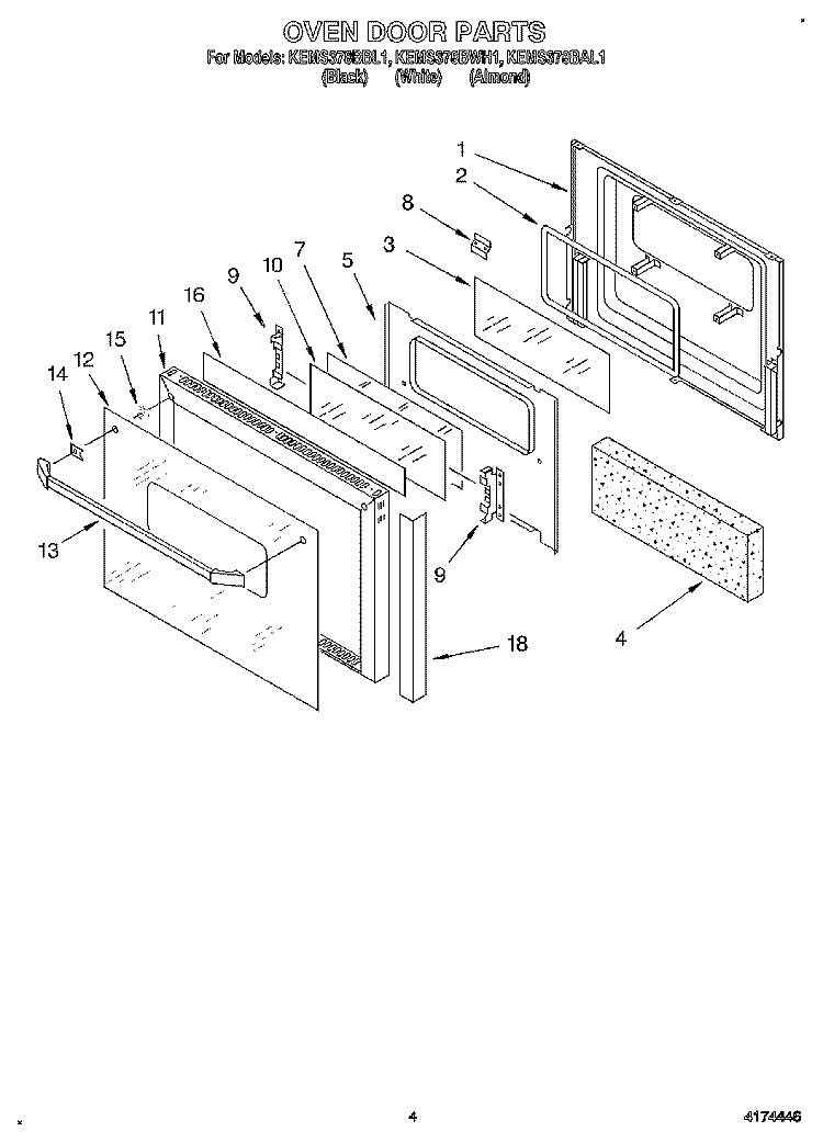 OVEN DOOR Diagram and Parts List for KEMS378BWH1  KitchenAid Wall Oven