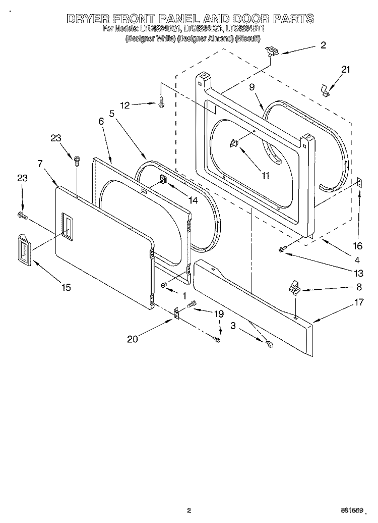 DRYER FRONT PANEL AND DOOR Diagram and Parts List for LTG6234DT1  Whirlpool Washer Dryer Combo