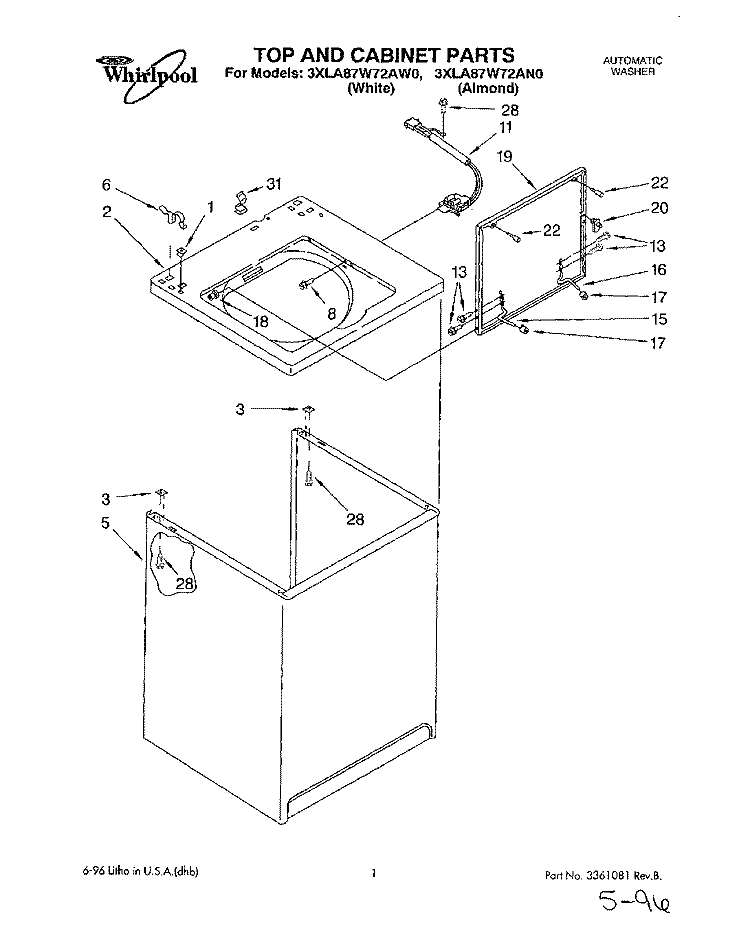 TOP AND CABINET, LIT/OPTIONAL Diagram and Parts List for 3XLA87W72AW0  Whirlpool Washer