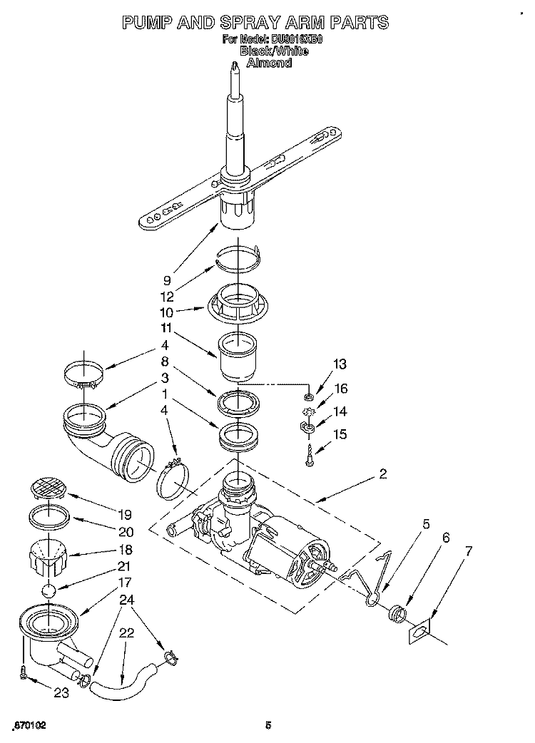 PUMP AND SPRAY ARM Diagram and Parts List for DU8016XB0  Whirlpool Dishwasher
