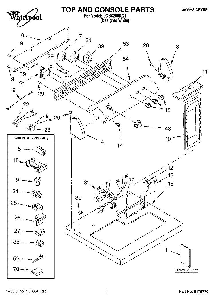TOP AND CONSOLE, LITERATURE Diagram and Parts List for LGB6200KQ1  Whirlpool Dryer