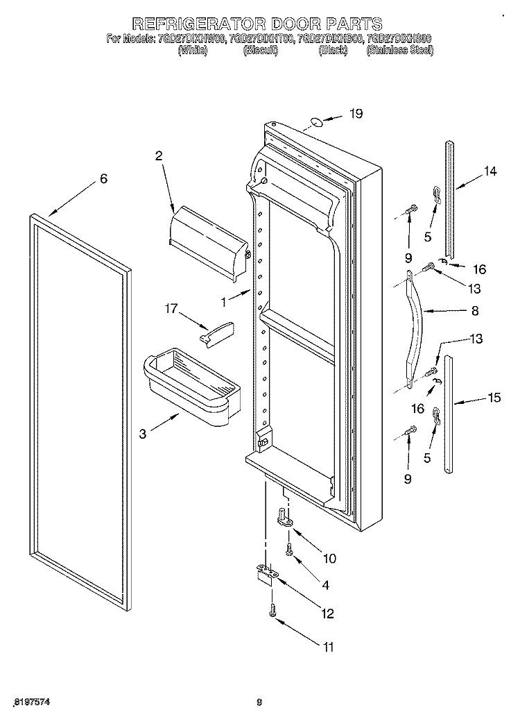 REFRIGERATOR DOOR Diagram and Parts List for 7GD27DIXHT00  Whirlpool Refrigerator