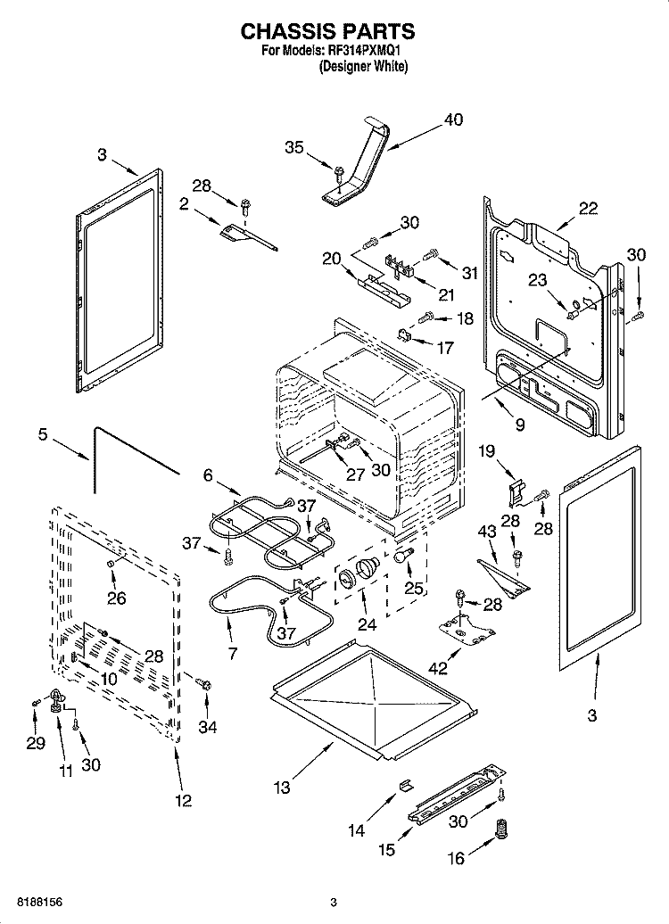 CHASSIS PARTS Diagram and Parts List for RF314PXMQ1  Whirlpool Range