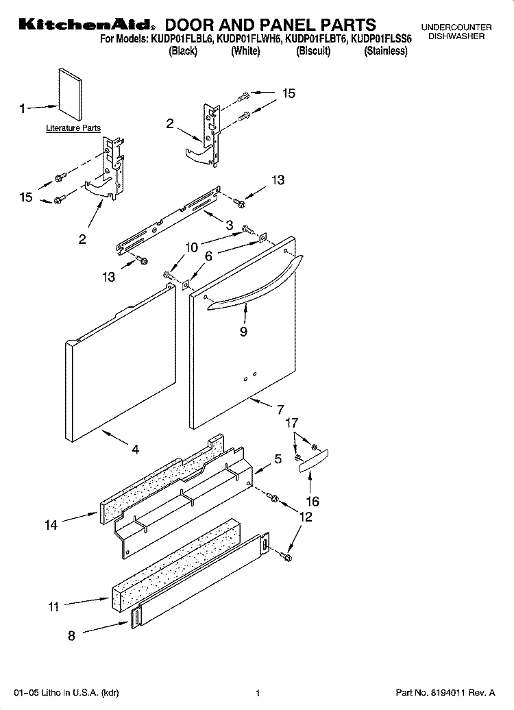 DOOR AND PANEL PARTS Diagram and Parts List for KUDP01FLWH6  KitchenAid Dishwasher