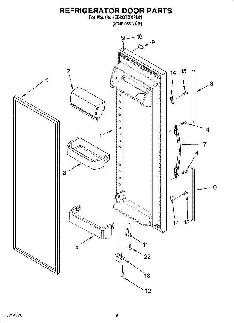 REFRIGERATOR DOOR PARTS Diagram and Parts List for 7ED2GTQXPL01  Whirlpool Refrigerator