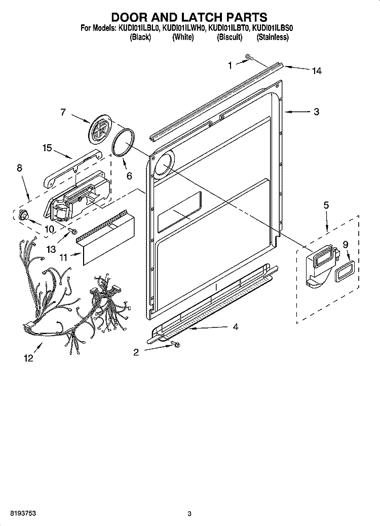 DOOR AND LATCH PARTS Diagram and Parts List for KUDI01ILBL0  KitchenAid Dishwasher
