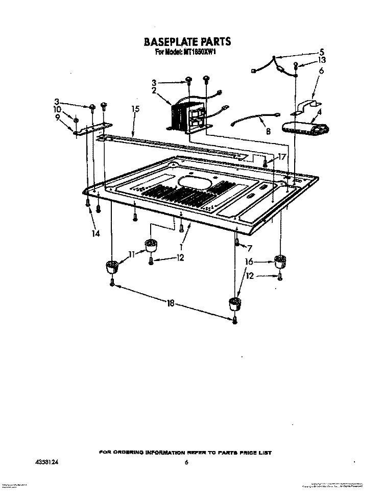 BASEPLATE Diagram and Parts List for MT1850XW1  Whirlpool Microwave