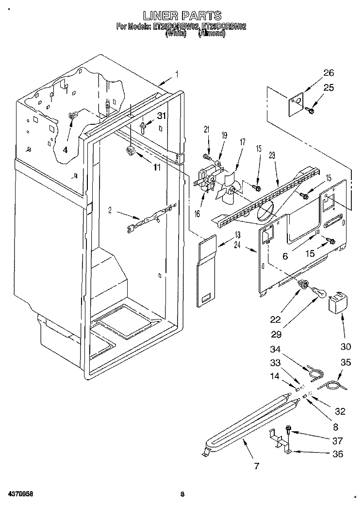 LINER Diagram and Parts List for ET25DQRBW02  Whirlpool Refrigerator