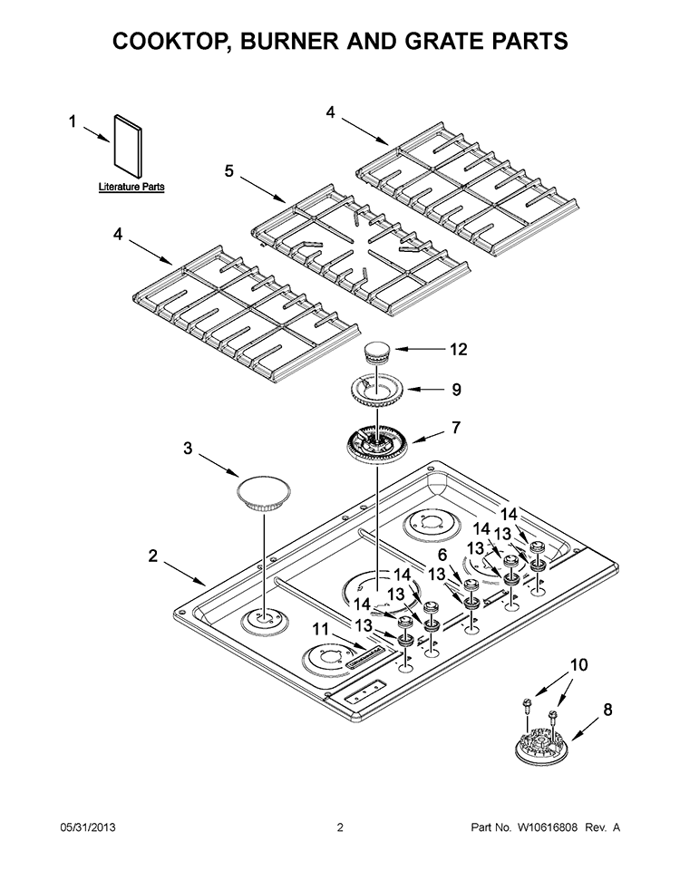COOKTOP, BURNER AND GRATE PARTS Diagram and Parts List for KFGU766VSS03  KitchenAid Cooktop