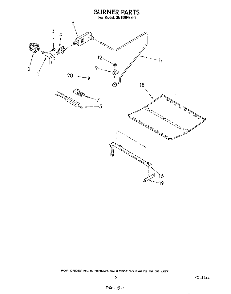 BURNER Diagram and Parts List for SB100PES1  Whirlpool Range