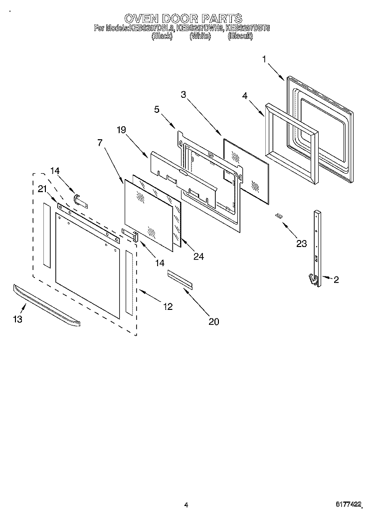 OVEN DOOR Diagram and Parts List for KEBS207DWH8  KitchenAid Wall Oven
