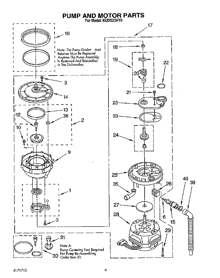 PUMP AND MOTOR Diagram and Parts List for KUDD23HY0  KitchenAid Dishwasher