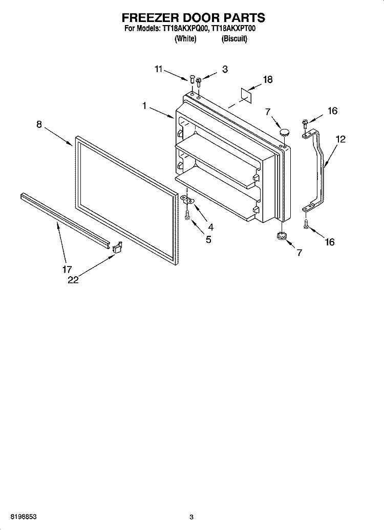 FREEZER DOOR PARTS Diagram and Parts List for TT18AKXPT00  Estate Refrigerator