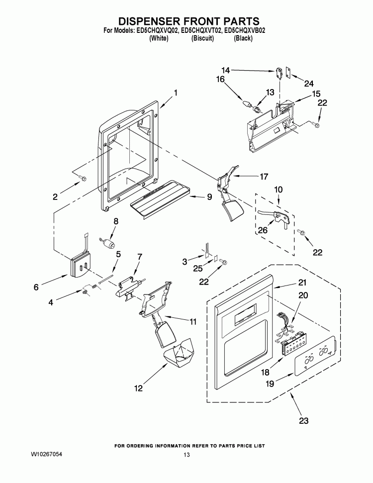 DISPENSER FRONT PARTS Diagram and Parts List for ED5CHQXVB02  Whirlpool Refrigerator