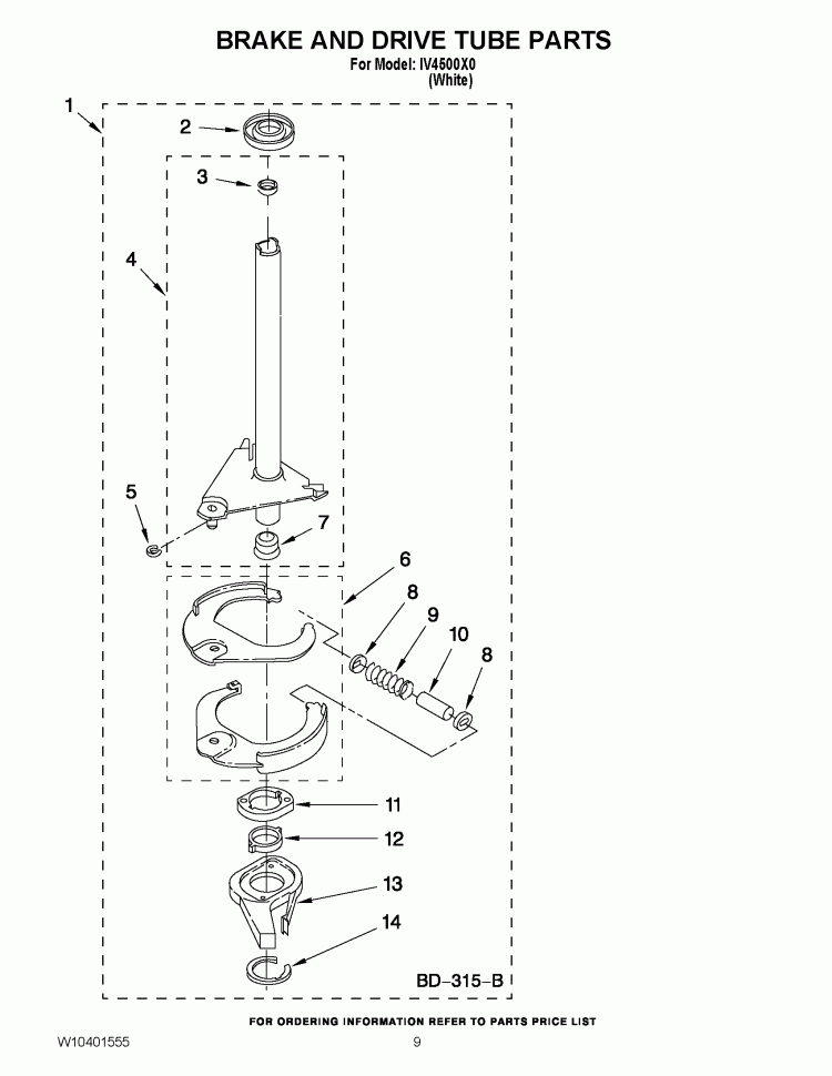 BRAKE AND DRIVE TUBE PARTS Diagram and Parts List for IV4500X0  Inglis Washer
