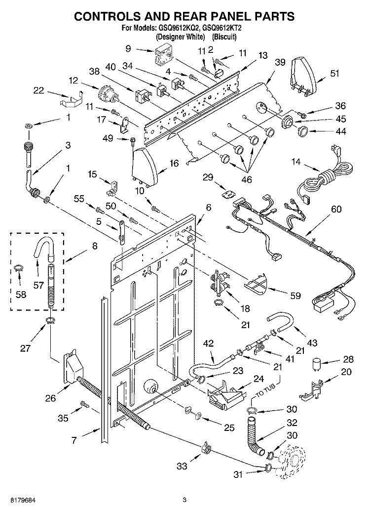 CONTROLS AND REAR PANEL Diagram and Parts List for GSQ9612KQ2  Whirlpool Washer