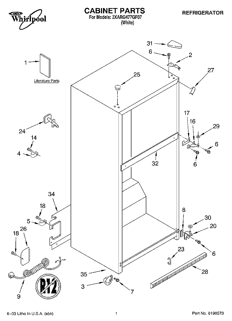 CABINET PARTS Diagram and Parts List for 3XARG477GF07  Whirlpool Refrigerator
