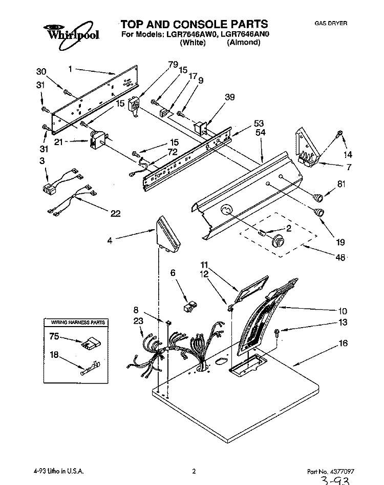 TOP AND CONSOLE, LIT/OPTIONAL Diagram and Parts List for LGR7646AN0  Whirlpool Dryer