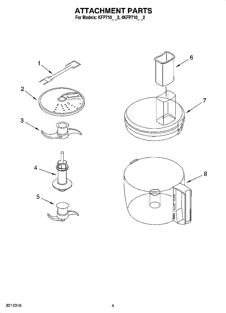 ATTACHMENT PARTS Diagram and Parts List for 4KFP710WH2  KitchenAid Food Processor