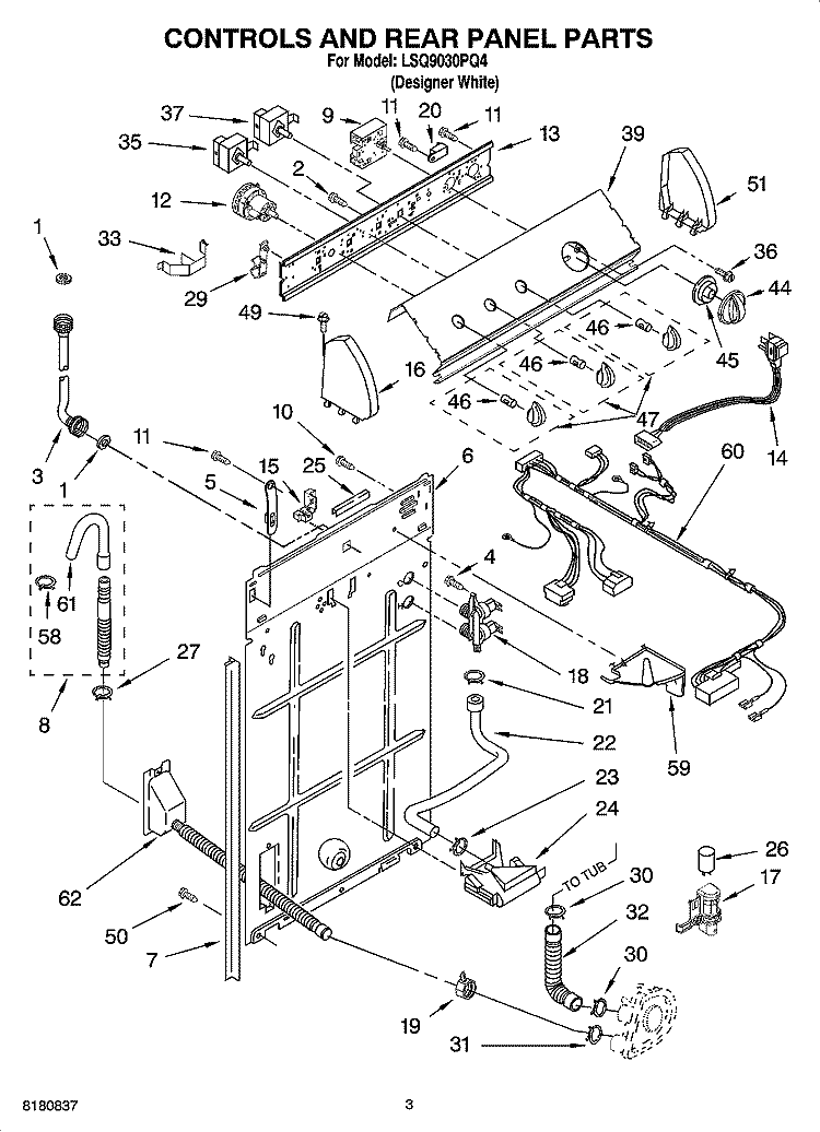 CONTROLS AND REAR PANEL PARTS Diagram and Parts List for LSQ9030PQ4  Whirlpool Washer