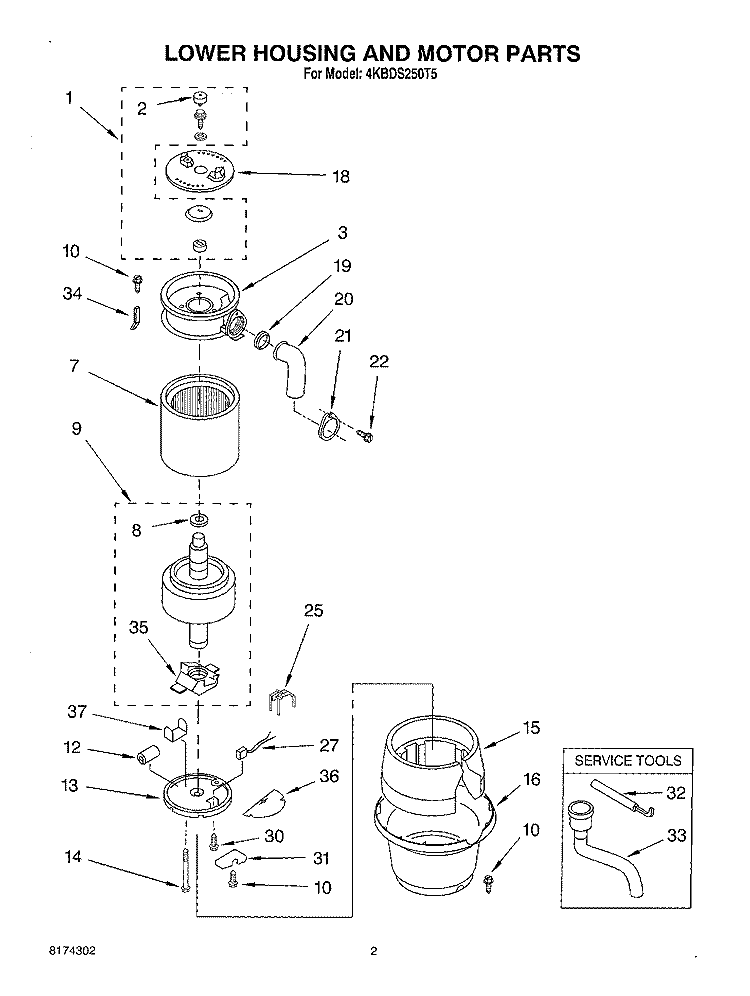 SECTION Diagram and Parts List for 4KBDS250T5  KitchenAid Food Waste Disposer