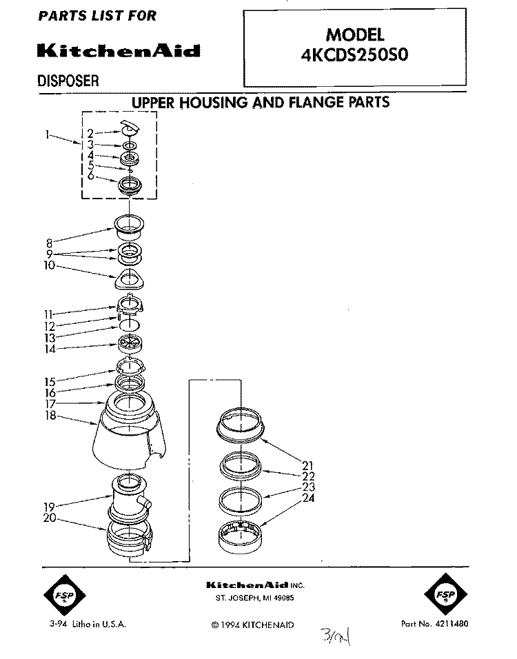 SECTION Diagram and Parts List for 4KCDS250S0  KitchenAid Food Waste Disposer