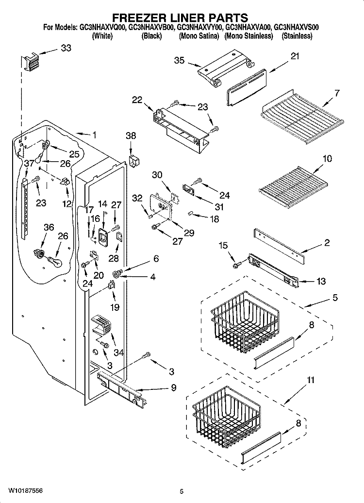 FREEZER LINER PARTS Diagram and Parts List for GC3NHAXVA00  Whirlpool Refrigerator