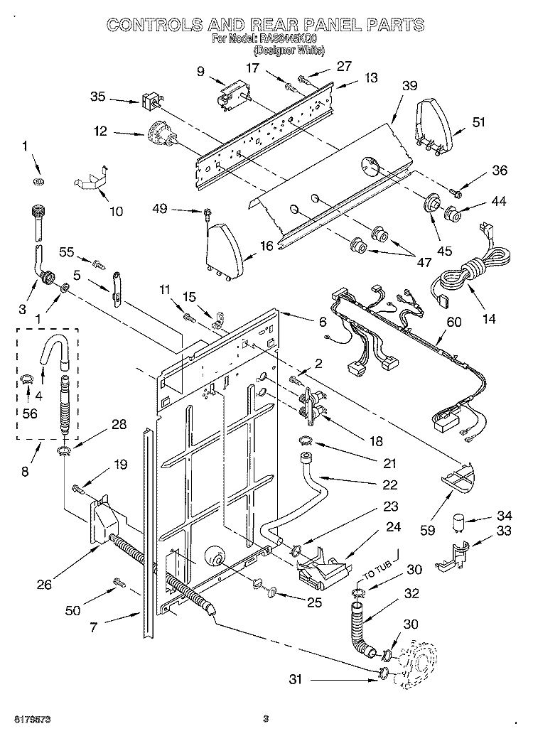 CONTROLS AND REAR PANEL Diagram and Parts List for RAS8445KQ0  Roper Washer