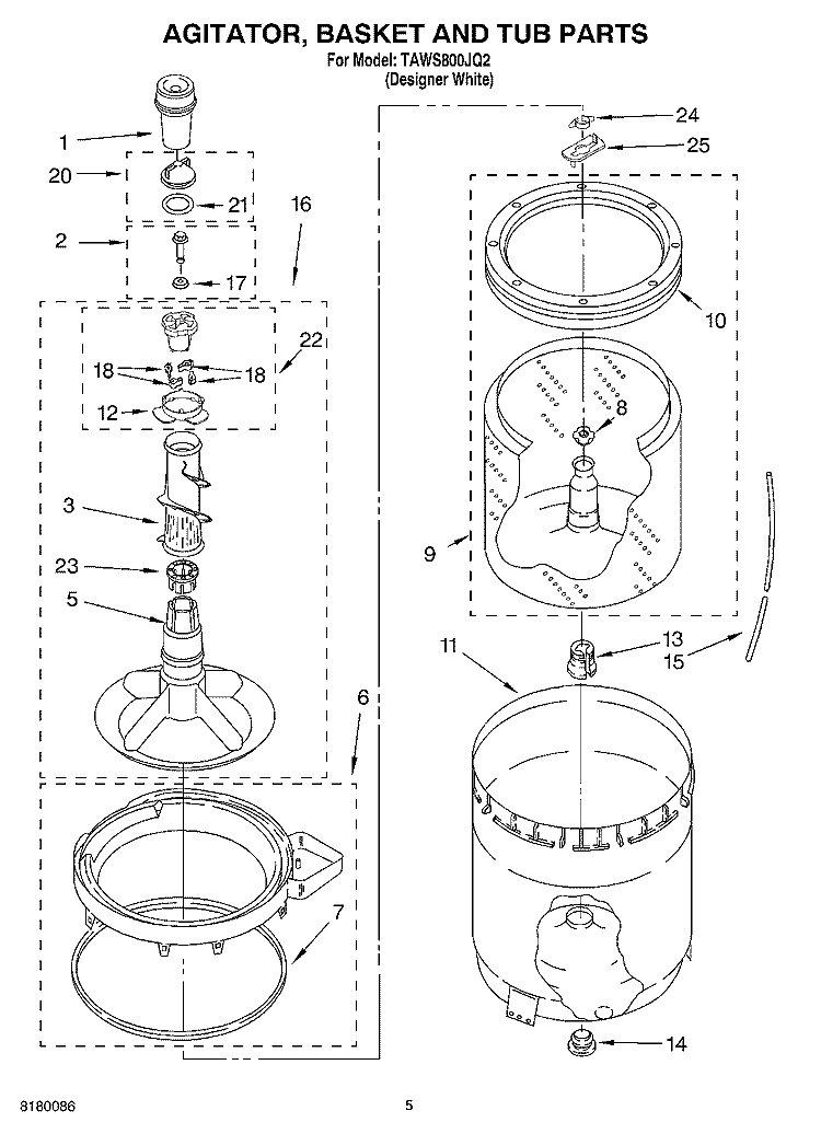 AGITATOR, BASKET AND TUB PARTS Diagram and Parts List for TAWS800JQ2  Estate Washer