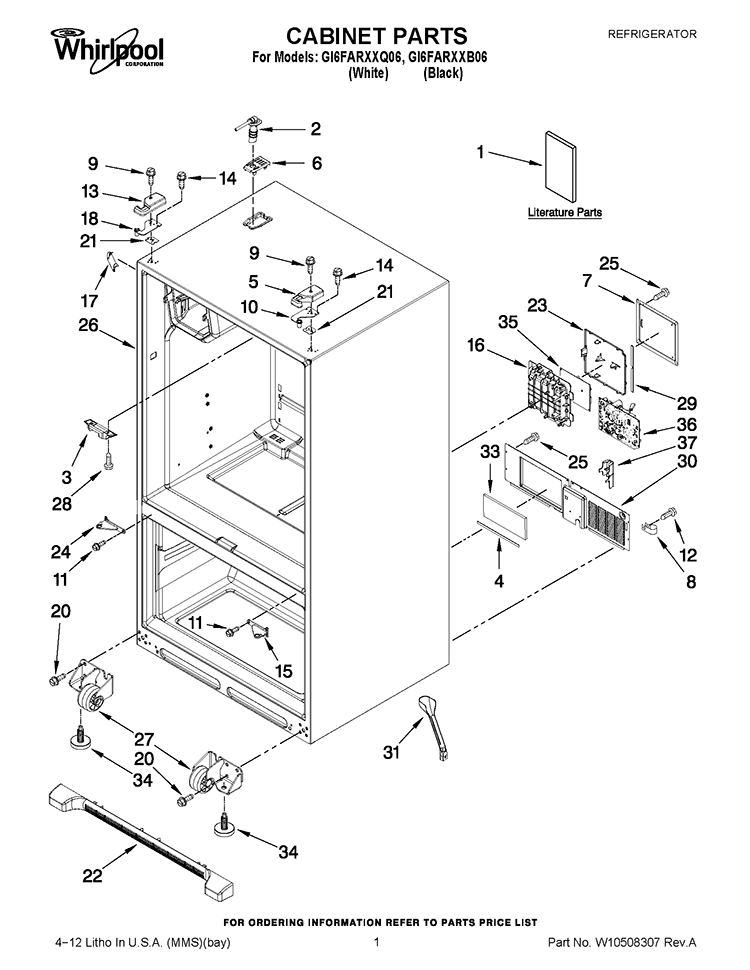 CABINET PARTS Diagram and Parts List for GI6FARXXB06  Whirlpool Refrigerator