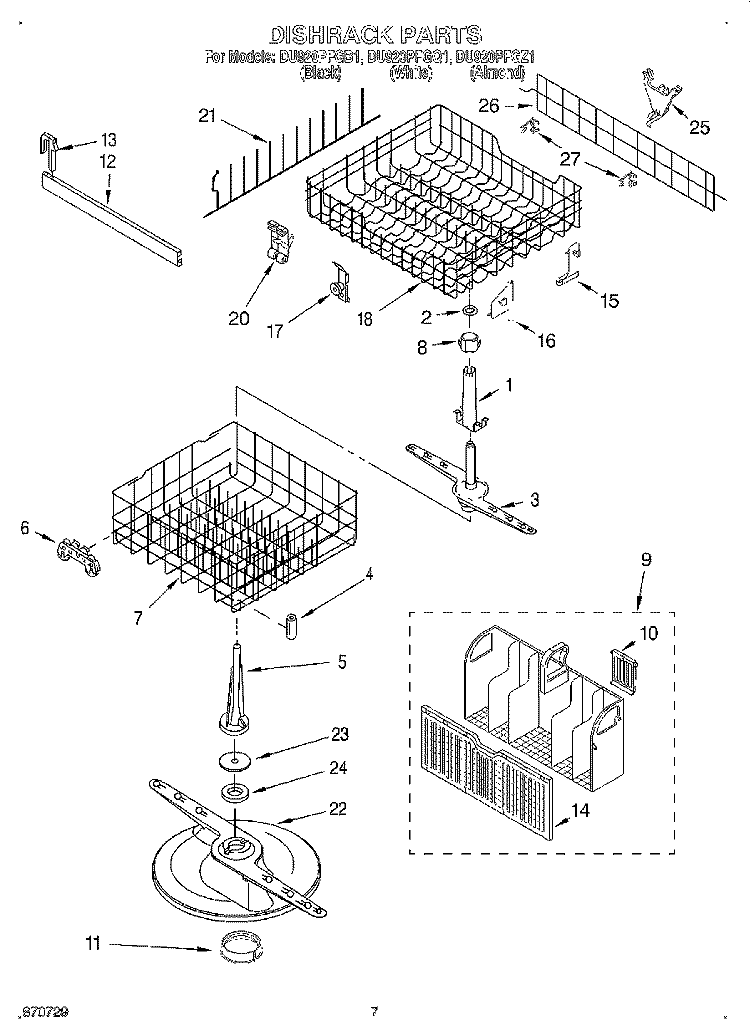 DISHRACK Diagram and Parts List for DU920PFGB1  Whirlpool Dishwasher
