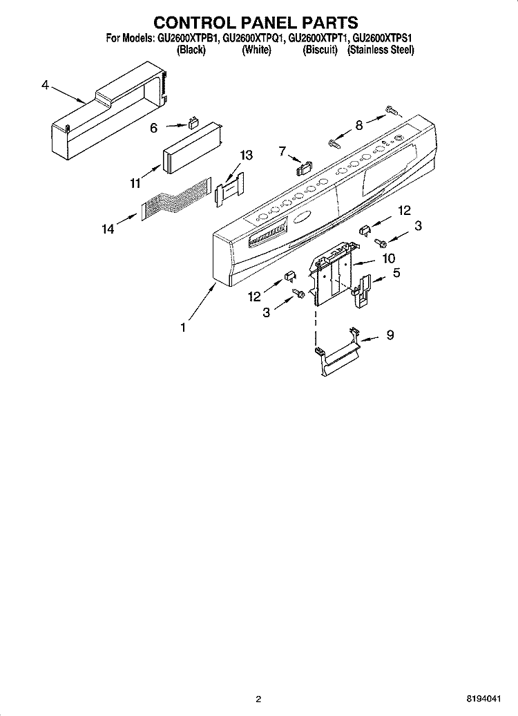 CONTROL PANEL PARTS Diagram and Parts List for GU2600XTPB1  Whirlpool Dishwasher
