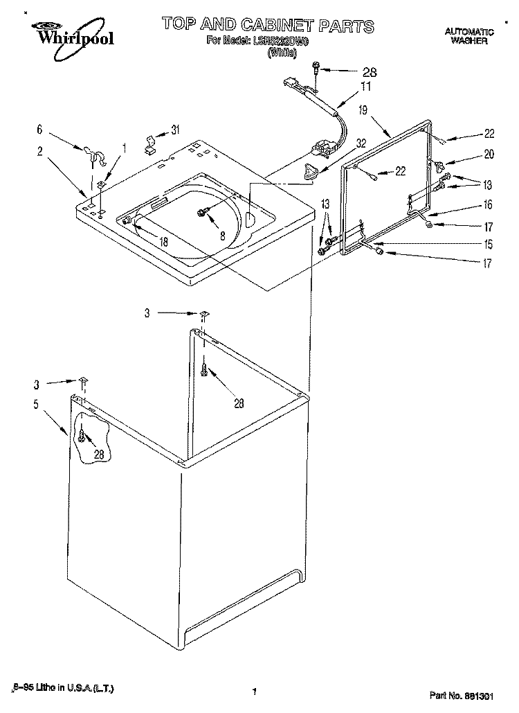 TOP AND CABINET Diagram and Parts List for LSR5232DW0  Whirlpool Washer