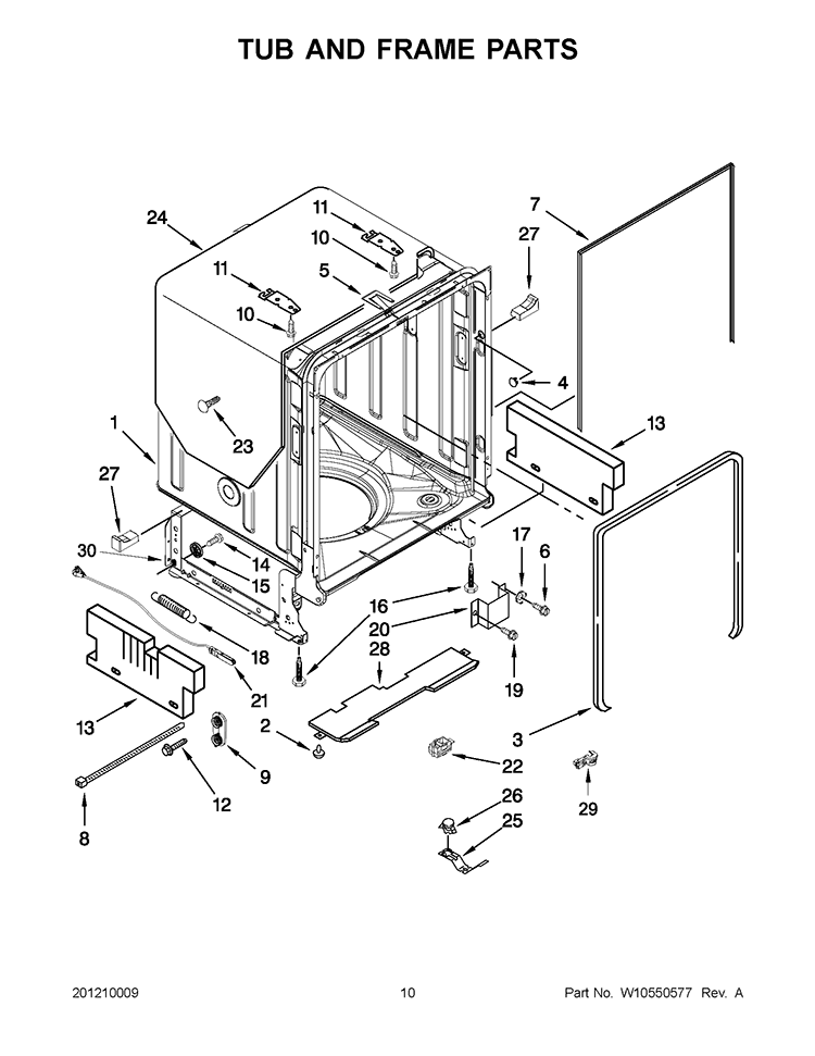 TUB AND FRAME PARTS Diagram and Parts List for KUDE50FBSS0  KitchenAid Dishwasher