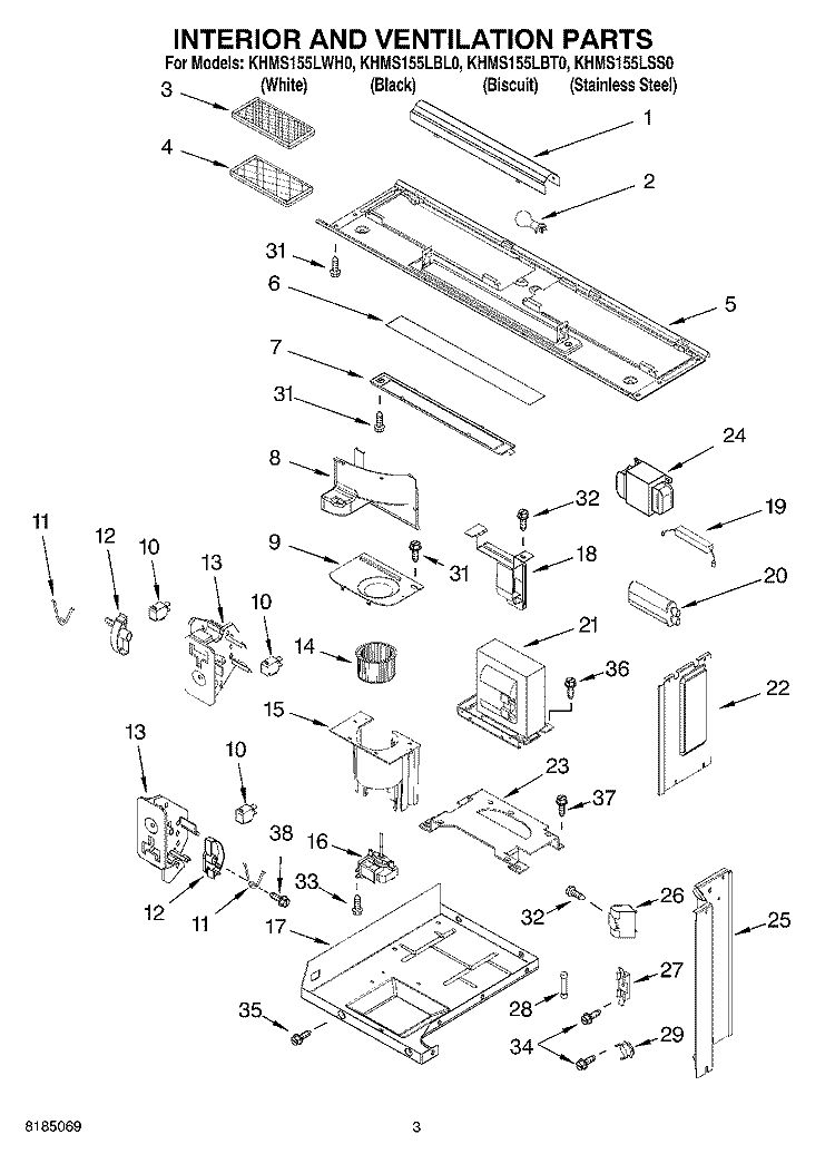 INTERIOR AND VENTILATION Diagram and Parts List for KHMS155LBT0  KitchenAid Microwave