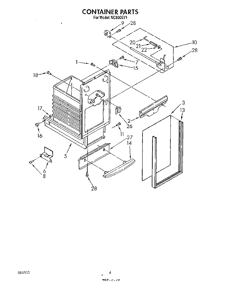 CONTAINER Diagram and Parts List for NC800EV1  Whirlpool Trash Compactor