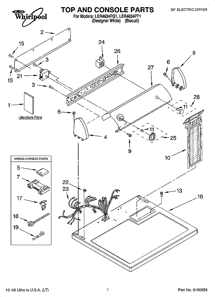 TOP AND CONSOLE PARTS Diagram and Parts List for LER4634PT1  Whirlpool Dryer