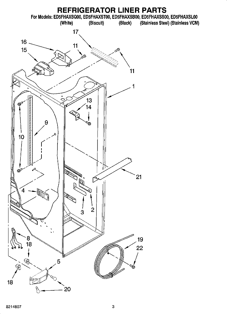 REFRIGERATOR LINER PARTS Diagram and Parts List for ED5FHAXSQ00  Whirlpool Refrigerator