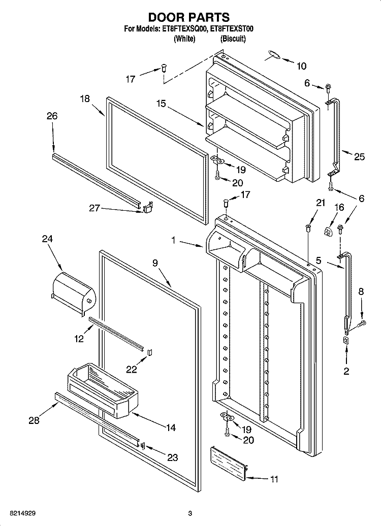 DOOR PARTS Diagram and Parts List for ET8FTEXST00  Whirlpool Refrigerator