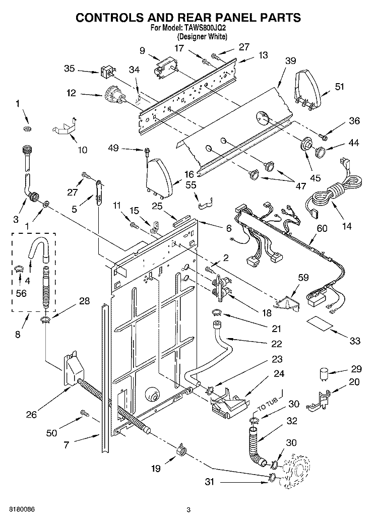 CONTROLS AND REAR PANEL PARTS Diagram and Parts List for TAWS800JQ2  Estate Washer