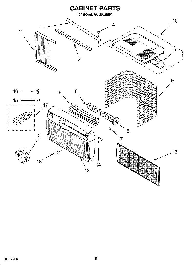 CABINET PARTS Diagram and Parts List for ACQ062MP1  Whirlpool Air Conditioner