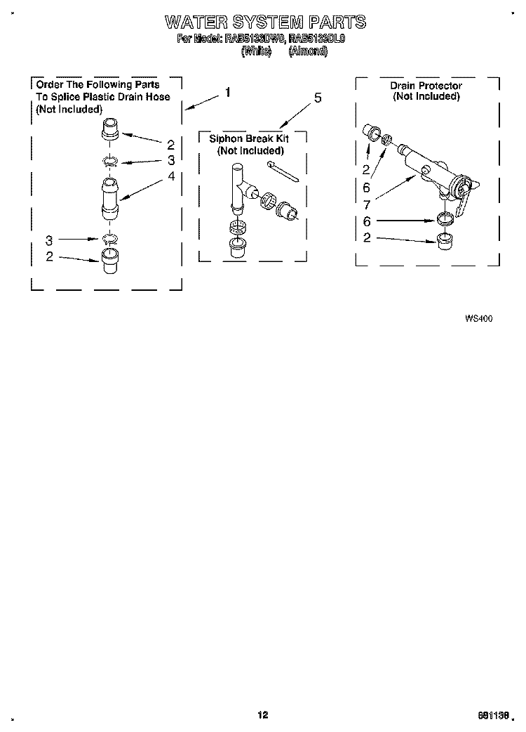 WATER SYSTEM Diagram and Parts List for RAB5133DL0  Roper Washer