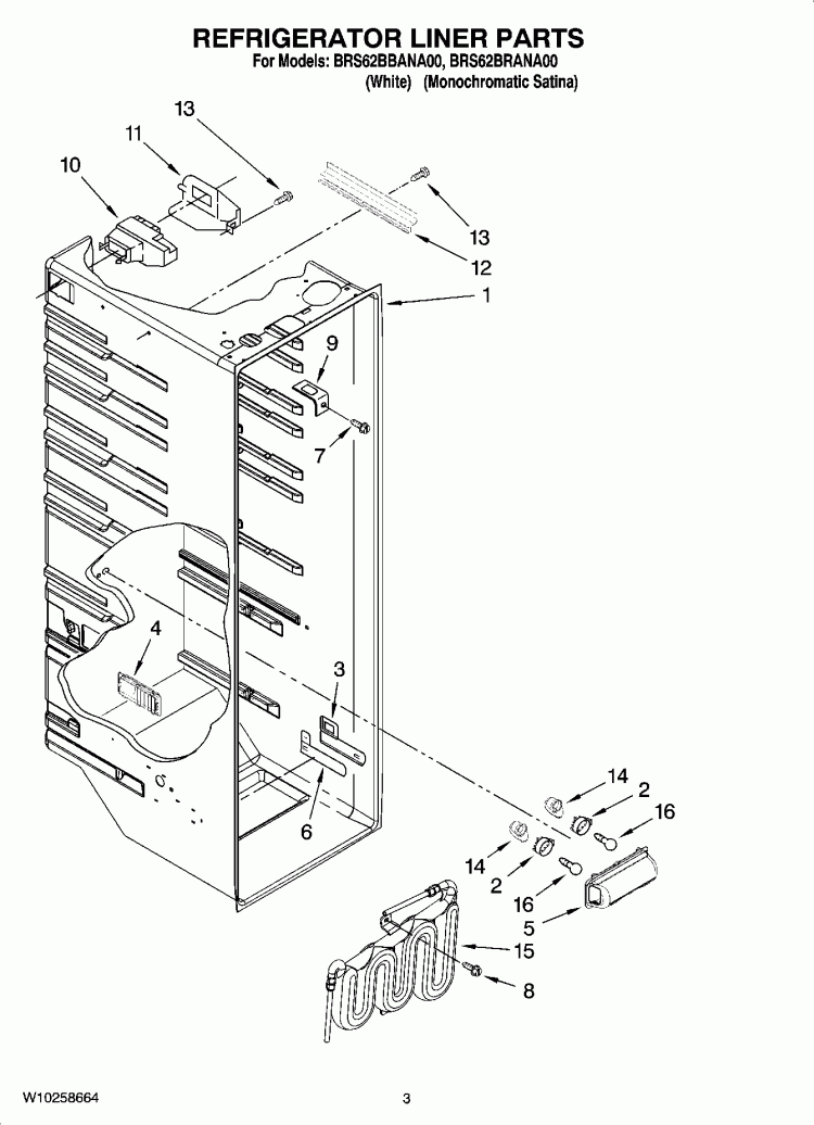 REFRIGERATOR LINER PARTS Diagram and Parts List for BRS62BRANA00  Whirlpool Refrigerator