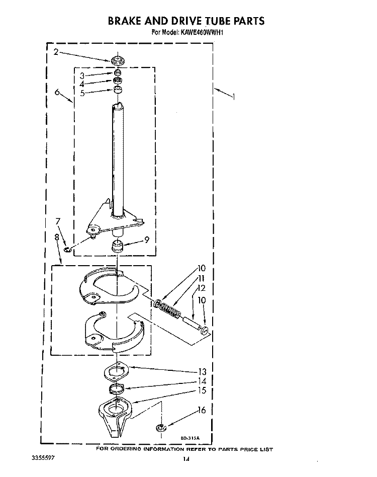 BRAKE AND DRIVE TUBE Diagram and Parts List for KAWE460WAL1  KitchenAid Washer