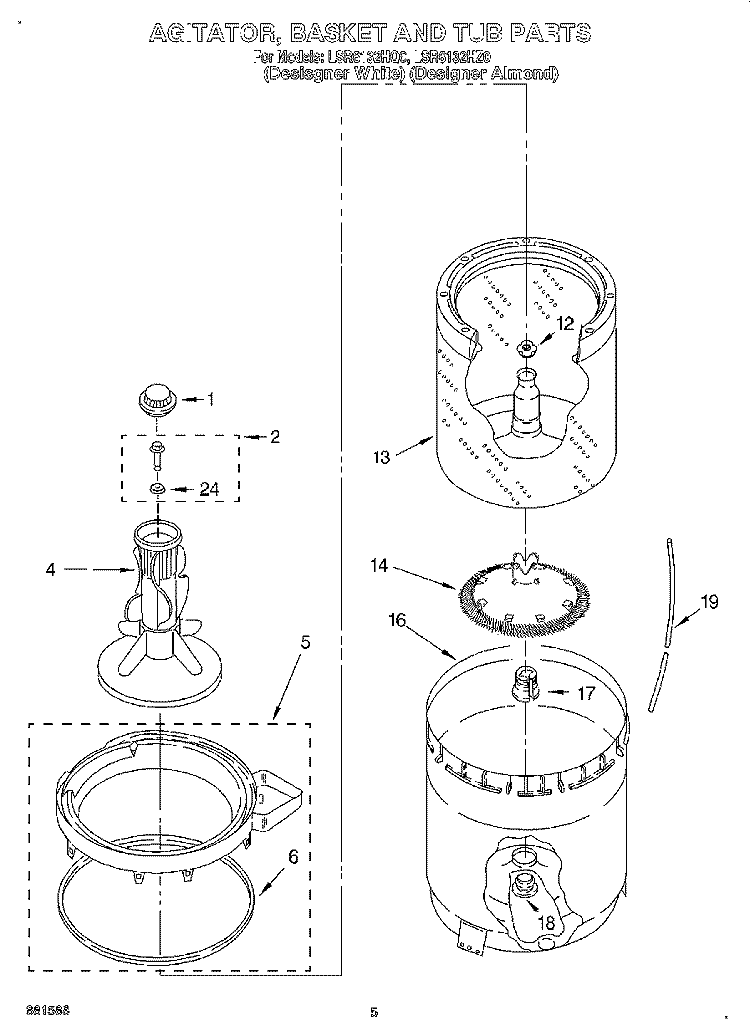 AGITATOR, BASKET AND TUB Diagram and Parts List for LSR6132HZ0  Whirlpool Washer