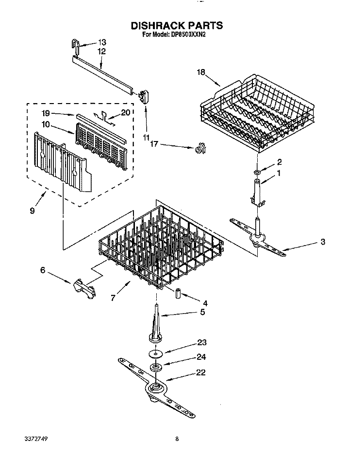 DISHRACK, LIT/OPTIONAL Diagram and Parts List for DP8500XXN2  Whirlpool Dishwasher
